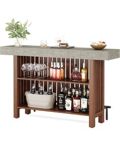 a wooden bar with bottles and glasses on the top shelf next to a bowl of fruit