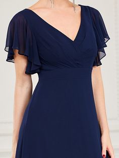 Short Ruffle Sleeve V-Neck Pleated Chiffon A-Line Evening Dress quincenera dresses, franchescas dresses, morilee dresses #dressesvideo #dressesinlekki #dressesinspiration Dress Feminine, Simple Frocks, A Line Evening Dress, 파티 드레스, Pleated Chiffon, Dresses Elegant, Groom Dress, Ruffle Sleeves, Cinched Waist