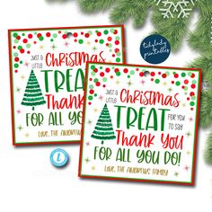 two christmas thank cards with green and red designs on them, next to a pine tree