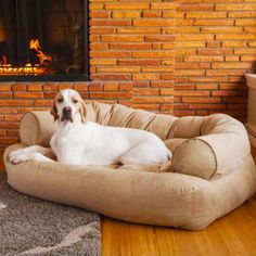 a dog is laying in his bed by the fireplace