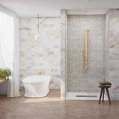 a bathroom with a stand up shower next to a bathtub and sink in it