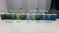 the coffee mugs are lined up on the counter in front of the door, with names written all over them