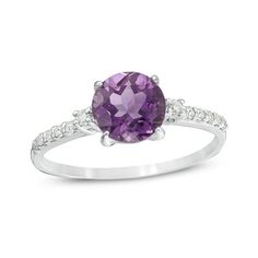 A colorful way to show your love, this gemstone and diamond engagement ring is the start of something beautiful. Crafted in cool 10K white gold, this adventurous style features a 7.0mm bright purple amethyst flanked by a pair of sparkling diamonds. Dainty diamonds line the shank for the perfect touch of shimmer. Radiant with 1/8 ct. t.w. of diamonds and a brilliant buffed luster, this engagement ring is a unique choice to celebrate your romance. Natural Diamond Engagement Ring, Bright Purple, Purple Stones, Amethyst Stone, Sparkle Diamonds, Something Beautiful, Diamond Stone, White Metal, Purple Amethyst