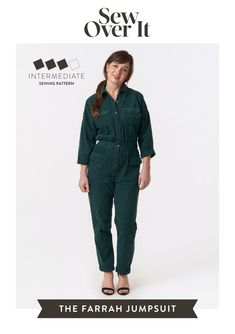 a woman in green jumpsuits and black shoes with the words sew over it