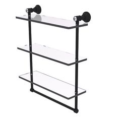 three tiered glass shelf with bronze finish and black metal brackets on each side, against a white background