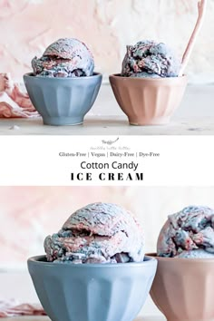 three bowls filled with ice cream sitting next to each other