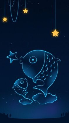 a drawing of a fish and its baby in the night sky with stars above it