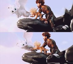 two pictures of a man and woman riding on the back of a dragon