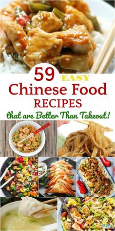 the cover of 59 easy chinese food recipes that are better than takeout, with pictures of