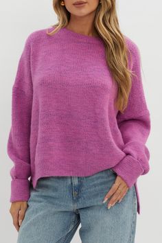 Fuchsia sweater Crew neckline Ribbed knit Not lined Loose fit Snuggle up in style in our chic Kayce sweater. Featuring a soft, ribbed knit and dropped shoulders. It's perfect for coffee dates with your besties teamed with mom jeans and boots. Cute! MODEL INFO Model is wearing size OS Height: 5'7" Bust: 32" Waist: 23.6" Hips: 32.5" CARE Hand Wash Cold. Do Not Iron. MATERIAL POLYESTER/ACRYLIC Mom Jeans And Boots, Coffee Dates, With Mom, Iron Material, Drop Shoulder, Jeans And Boots, Crew Neckline, Knit Sweater, Ribbed Knit