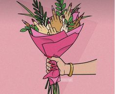 a hand holding a bouquet of flowers on a pink background