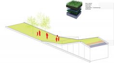 an architectural drawing of a ramp with grass growing on top and people walking down it