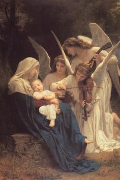 a painting of an angel playing the violin with two women and a baby sitting on a bench