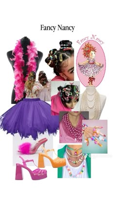 many different types of costumes and accessories are shown in this photo, including shoes, necklaces, headbands, and masks