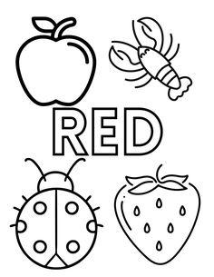 the word red is written in black and white with two ladybugs, an apple,