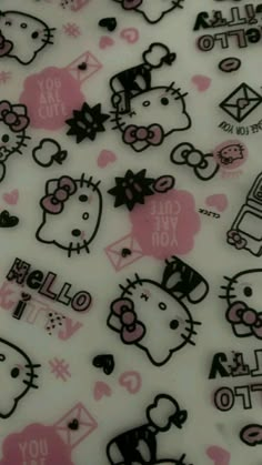 hello kitty wallpaper with pink and black designs on white background, all over the place