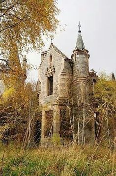 an old abandoned building sitting in the middle of a field with tall grass and trees