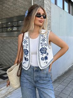 Autumn Embroidered Waistcoat For Women White Boho  Sleeveless Knitted Fabric Tribal,Plants,All Over Print  Slight Stretch Fall Women Clothing, size features are:Bust: ,Length: ,Sleeve Length: Boho Vest Outfit, Waistcoat Outfit Women, Waistcoat For Women, Boho Vest, Women Legs, Vest Outfits