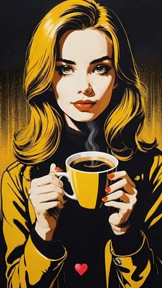 a painting of a woman holding a cup of coffee