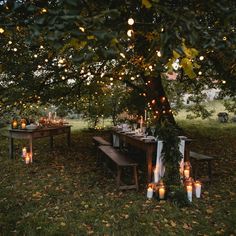 an outdoor dinner table under a tree with lit candles