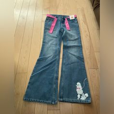 Wide Leg Jeans With A Poodle Design Size 10 Pink Belt Gymboree 90s Bottoms, Childish Clothing, Hot Pink Clothes, Bratz Core, Hot Pink Jeans, Y2k Closet, Wattpad Outfits, Jean Designs, Pfp Tiktok