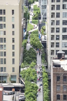 an aerial view of people walking down a street in a city with tall buildings and trees on both sides