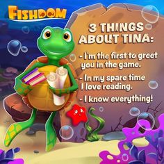 an image of a cartoon character holding a book in front of a sign that says, 3 things about ina i'm the first to greet you in the game