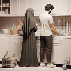 two figurines are standing at the sink in a kitchen, one is wearing a nun costume