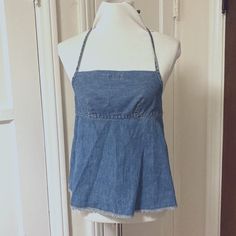 Beautiful Denim Earl Jeans Apron Style Halter Top Late 90s - Early 00s. Like New Condition, Never Worn. It Can Be Worn As Is, Or Over Another Top Or Dress For The Apron Style Trend. Size Small Blue Y2k Denim Top For Summer, Blue Denim Y2k Top, Y2k Denim Blue Denim Top, Y2k Style Denim Top, Sleeveless Denim Y2k Top, Sleeveless Y2k Denim Top, Y2k Sleeveless Denim Top, Fitted Y2k Denim Blue Top, Summer Top With Frayed Hem In Medium Wash