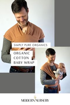 Two pictures of a father using The Simply Pure Organic Cotton Baby Wrap to hold their baby. In the first photo, he has the baby fully wrapped, in the second photo the baby is being held out of the wrap.