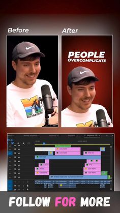 the before and after photo of a man with a baseball cap on talking into a microphone