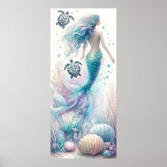 a painting of a mermaid and turtle in the ocean