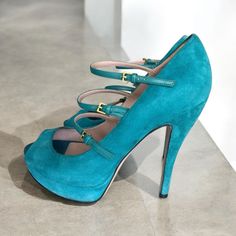 Gucci Platform Pumps. Made From Teal/Green Colored Suede. Rounded Peep Toes, Three Buckle Adjustable Straps. 2cm Platforms And 14 Cm Heels. Leather Lined, Their Soles And Insoles Carry Brand Labels. Teal Heels, Gucci Platform, Teal Green Color, Mary Jane High Heels, Cute Shoes Heels, Gucci Shoes, Teal Green, Leather Pumps