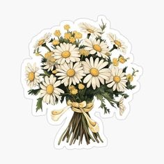 a bouquet of daisies tied with a yellow ribbon sticker on a white background