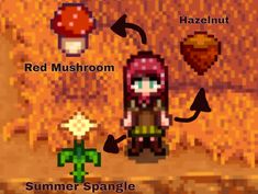 an image of a red mushroom in the middle of a pixel art scene with text that reads, summer spangle