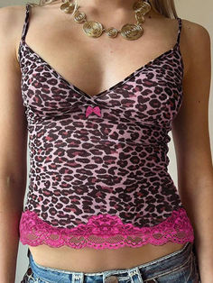 Personalized leopard print lace stitching Cami Top - AnotherChill Cropped Camisole, Crop Top Dress, Lace Cami Top, Spaghetti Strap Tank Top, Pink Leopard Print, Lace Patchwork, Cropped Tops, Cropped Cami, Lace Cami