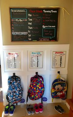 several backpacks and shoes are on display in front of a chalkboard with writing