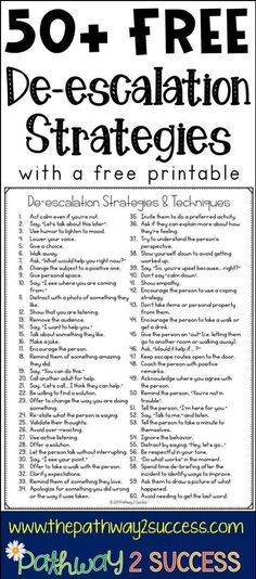 the 50 + free de - escalation and strategies with a free printable