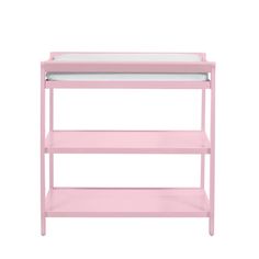 a pink baby changing table with two shelves on each side and one shelf below it