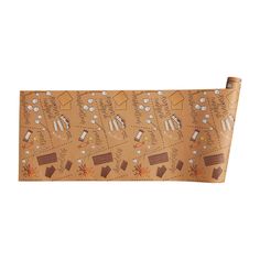 a roll of brown wrapping paper on top of a white surface with words and pictures all over it