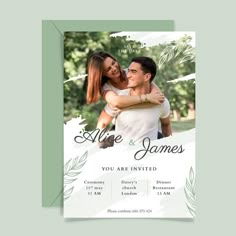 a wedding announcement card with an image of a couple hugging and holding each other in front of