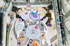 an overhead view of the inside of a shopping mall