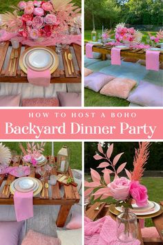 the backyard dinner party is set up with pink flowers and napkins on wooden tables