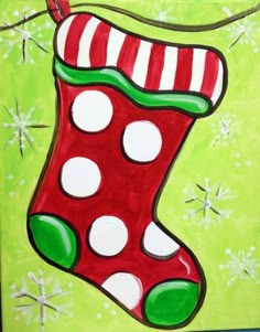 a painting of a christmas stocking with snowflakes on the bottom and green background