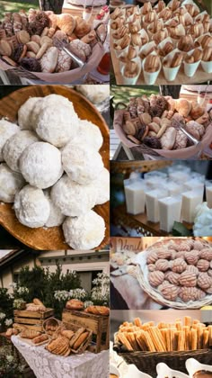 several pictures of different types of desserts and pastries on display at an outdoor event