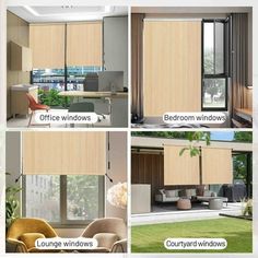 four different types of window coverings in the same room, including office windows, bedroom windows, and lounge chairs