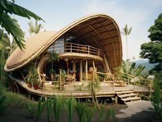 a house made out of bamboo with stairs leading up to the roof and side walls