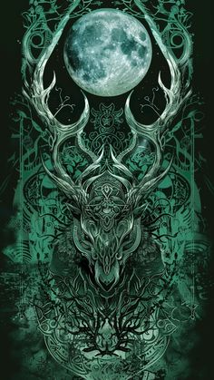 the moon and deer are depicted in this graphic art work by artist mark strick