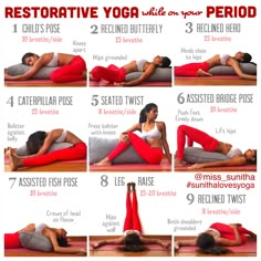 a woman is doing yoga poses on her stomach and back, with the instructions for how to