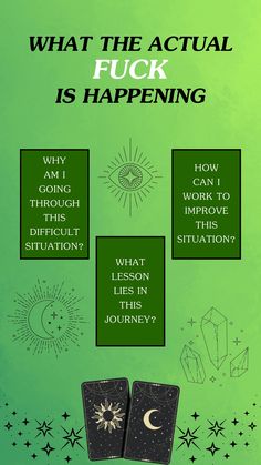 The "What the Actual F* is Happening?" Tarot Spread is a fun and direct way to gain clarity when you’re feeling confused, overwhelmed, or unsure about a situation. It's designed to help you break through the fog, cut through the drama, and get to the heart of what's going on. This spread is perfect when you need some no-nonsense guidance. Trust the cards to provide clarity, and remember that the truth will help you move forward.